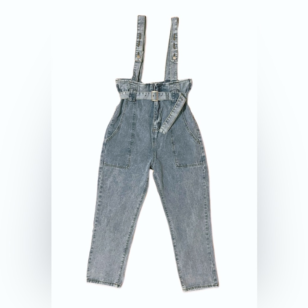 Women’s High Waist Belted Denim Overalls Suspender Jeans Tapered Leg Pants NWOT